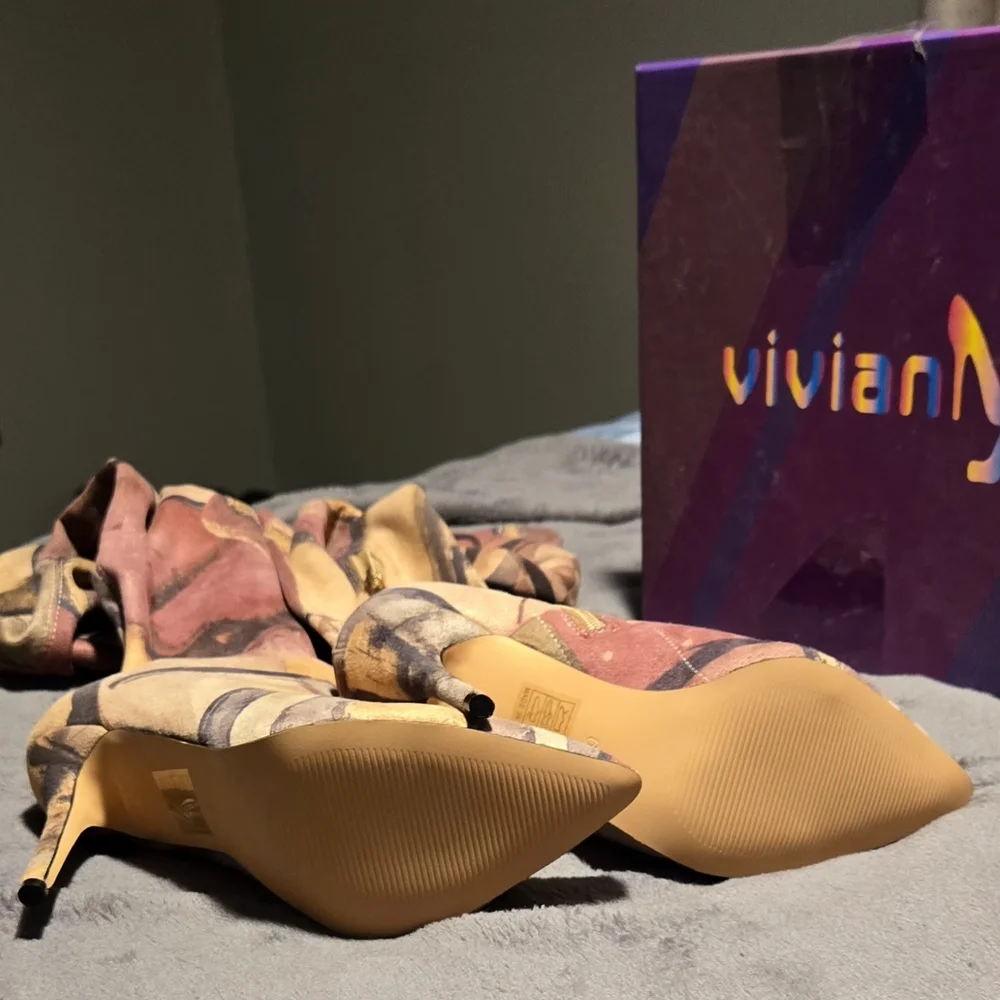 Vivianly Over the Knee Boots Pink and Tan High Heel #652 - Picture 3 of 13